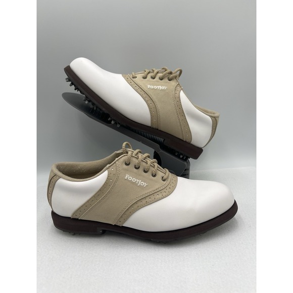FOOTJOY GreenJoys Womens‎ White Leather Khaki Trim Golf Shoes Size 7.5 M - Picture 5 of 10